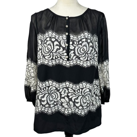 St. John Tops - St. John Black Lace Overlay Silk Pearl Button Blouse Women's Size 6